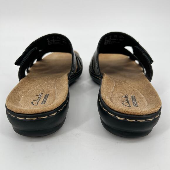 Clarks Comfort Slide Sandals Womens 7M Black Leather White Whip Stitch Open Toe - Picture 4 of 9